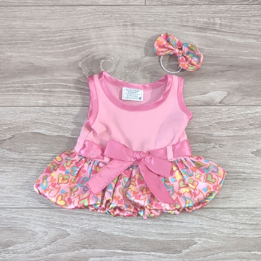 Build-A-Bear Pink Heart Dress With Bow | Comes With Matching Bow For Bear's Ear